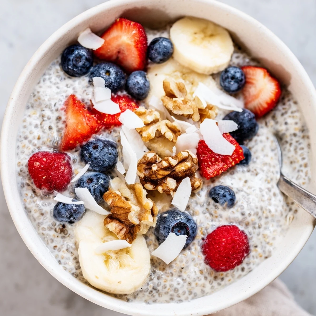 A mason jar of chia seed pudding, swirled with maple syrup and vanilla, garnished with ripe mango chunks and crunchy slivered almonds for texture.
