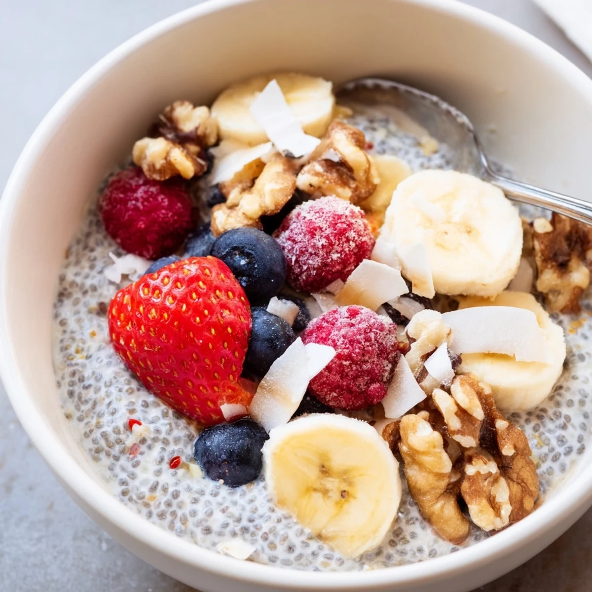 Overnight chia seed pudding in a clear bowl, mixed with plant-based milk and topped with sliced banana, raspberries, and a sprinkle of hemp seeds.