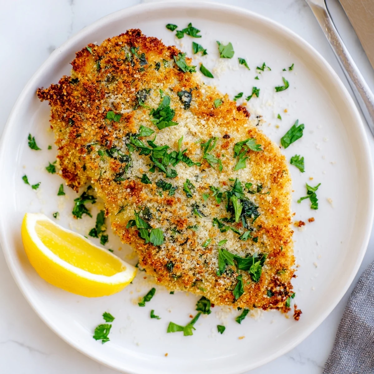 Golden-brown Crispy Parmesan Chicken Cutlet resting on a plate, garnished with fresh parsley and lemon wedges beside a fresh green salad.