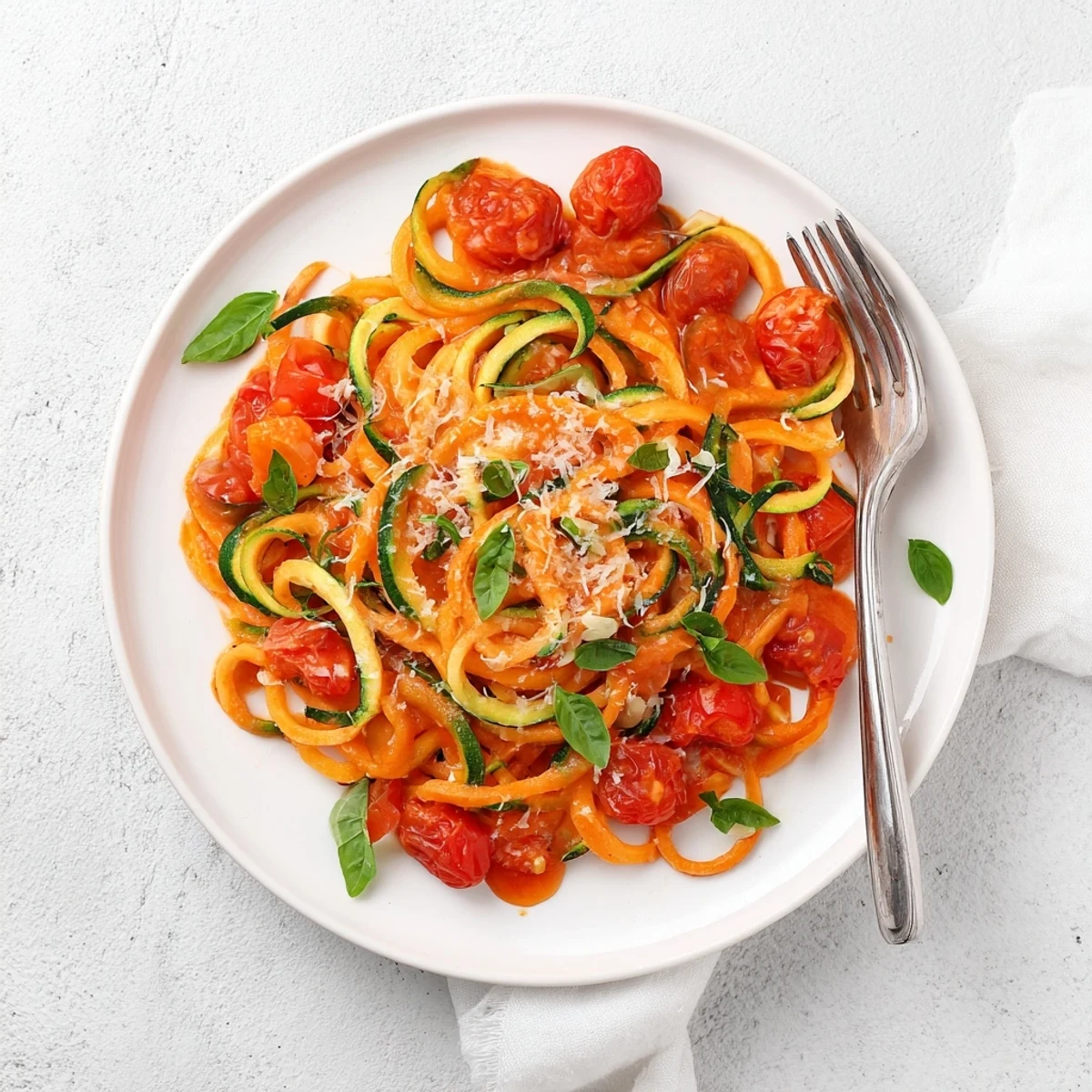 Sautéed zucchini noodles with classic tomato basil sauce, garnished with fresh basil and optional Parmesan.  