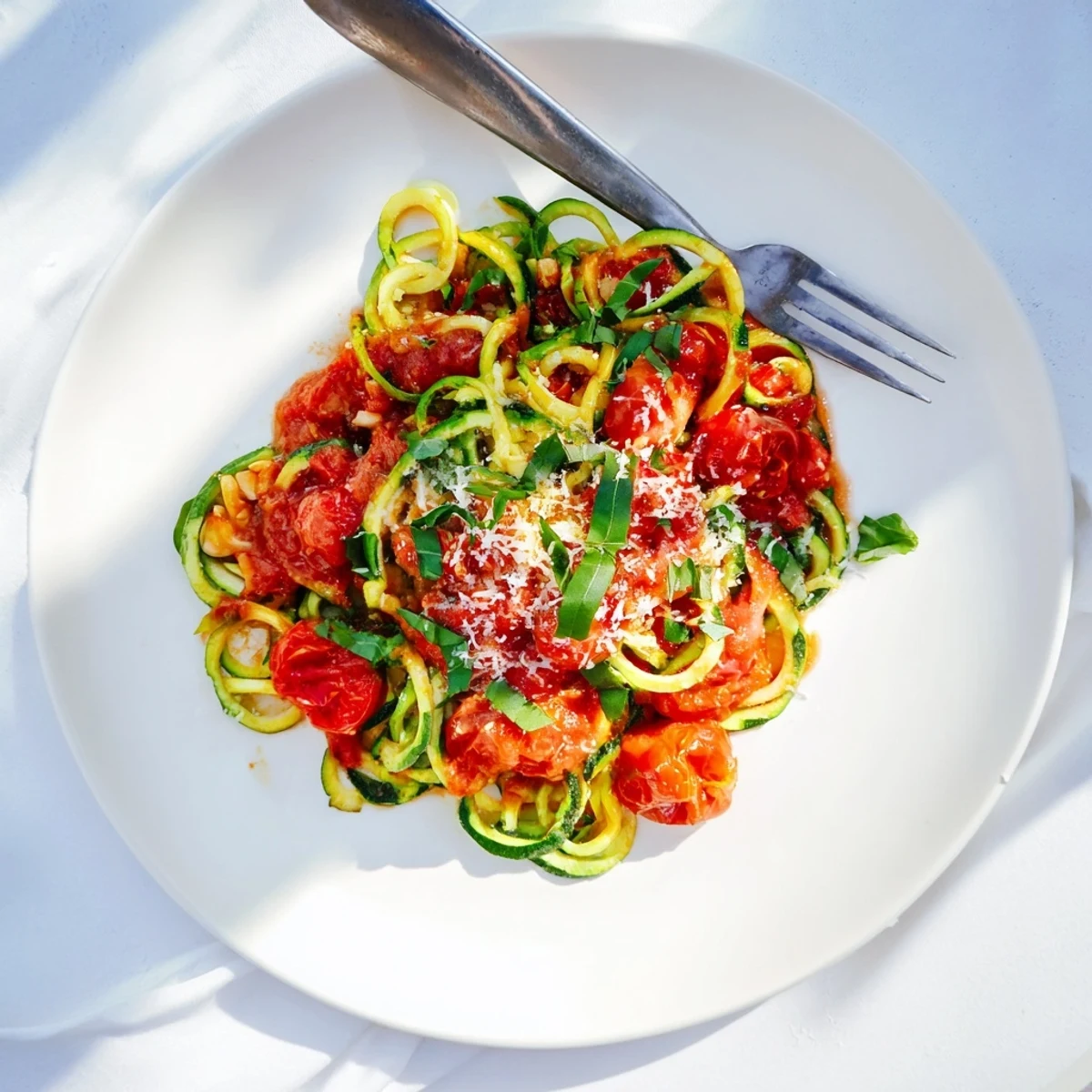 Zucchini noodles tossed in creamy avocado pesto, topped with toasted pine nuts and a bright lemon finish.  