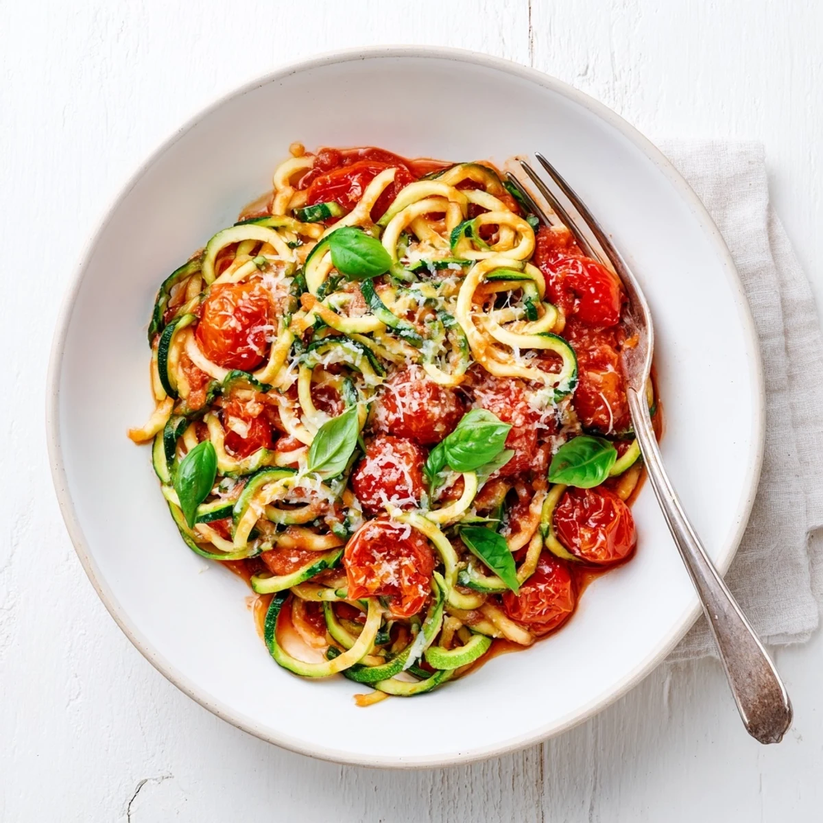 Spiralized zucchini noodles served two ways, with vibrant tomato sauce and rich pesto for a low-carb meal.