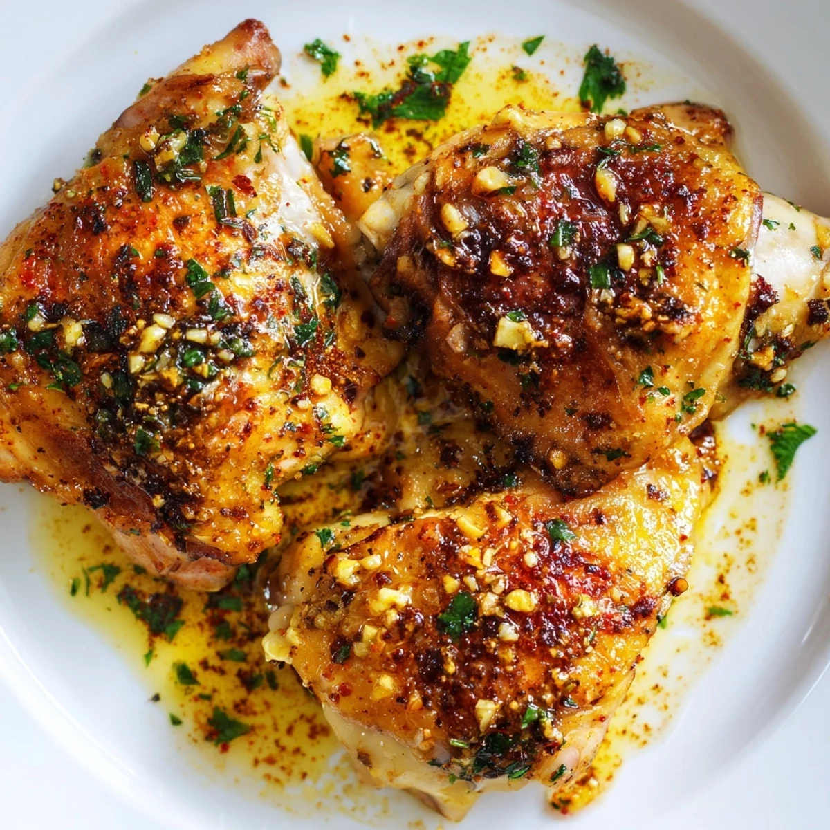 Garlic Butter Chicken Thighs roasted until the skin is golden and crispy, served with fresh parsley and lemon wedges.