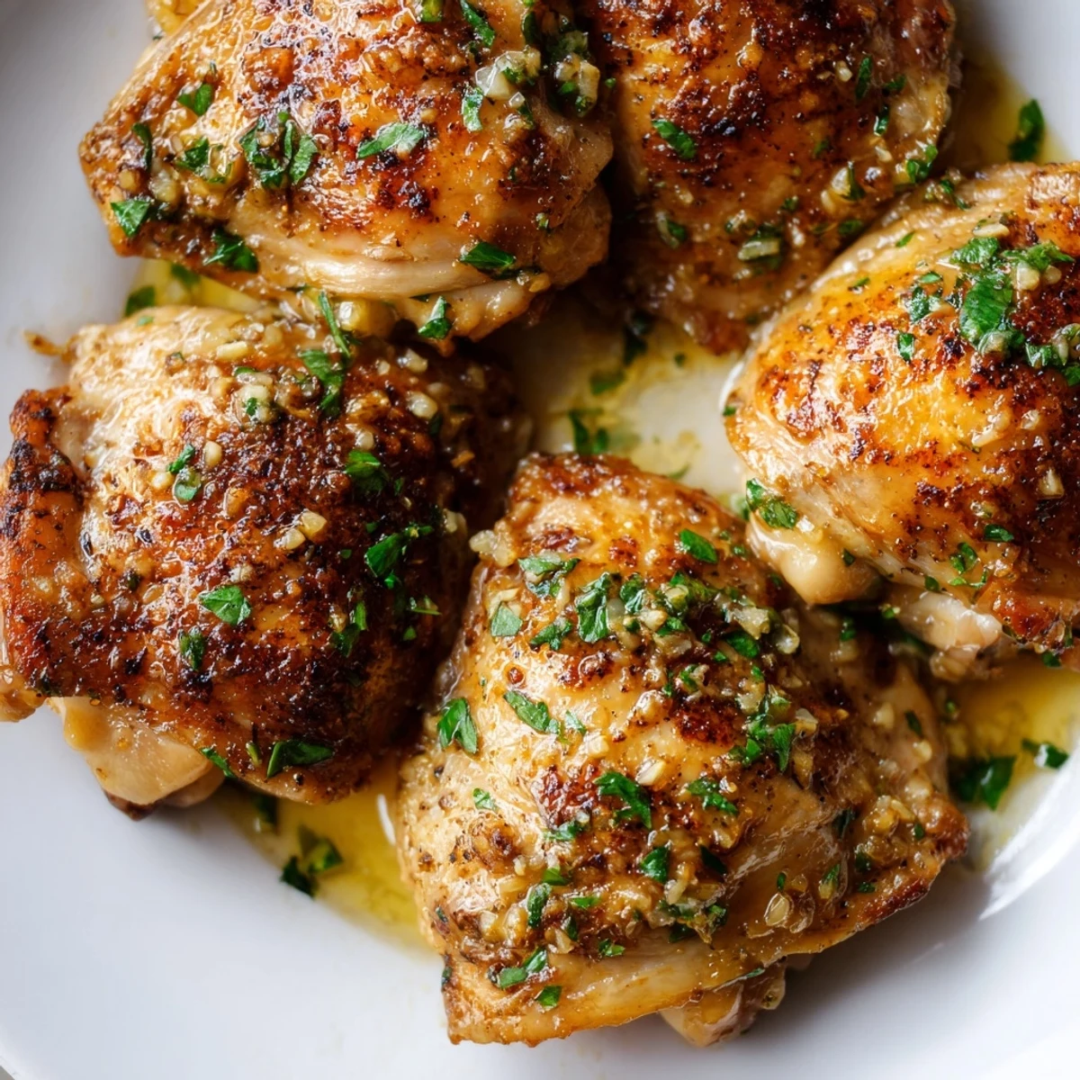 Close-up of Garlic Butter Chicken Thighs in a cast iron skillet, glistening with herb-infused butter and aromatic garlic cloves.