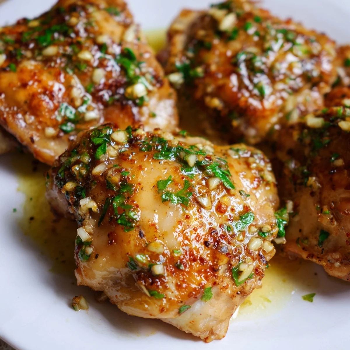 Family-style Garlic Butter Chicken Thighs plated with roasted vegetables, showcasing juicy meat and a rich, buttery sauce.