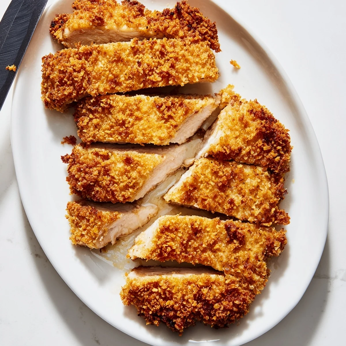 Golden brown Chicken Katsu Crispy Cutlet resting on a bed of steamed rice, garnished with shredded cabbage and lemon wedges.