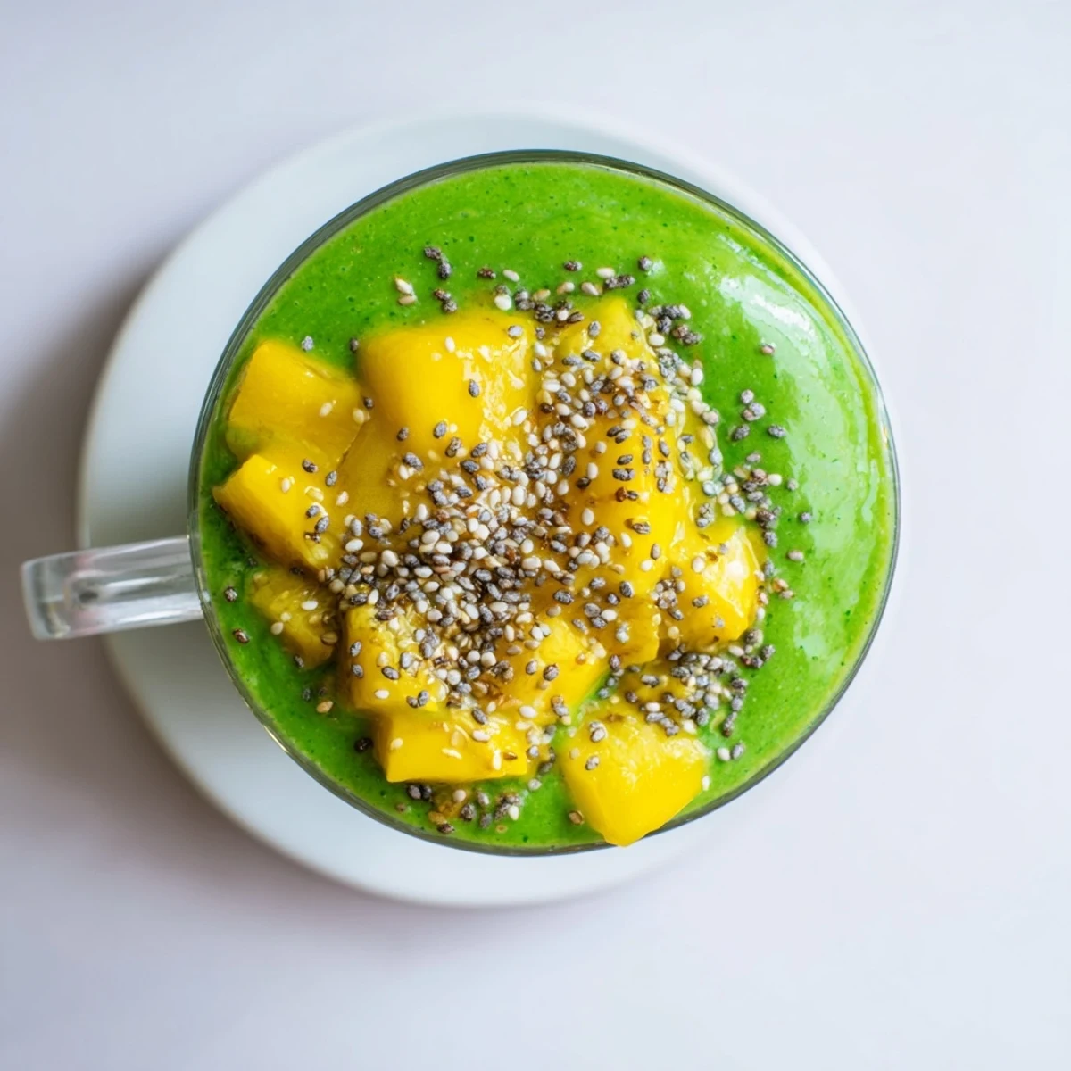 A vibrant green spinach-hidden smoothie in a glass, garnished with fresh spinach and a tropical mango-pineapple flavor profile.