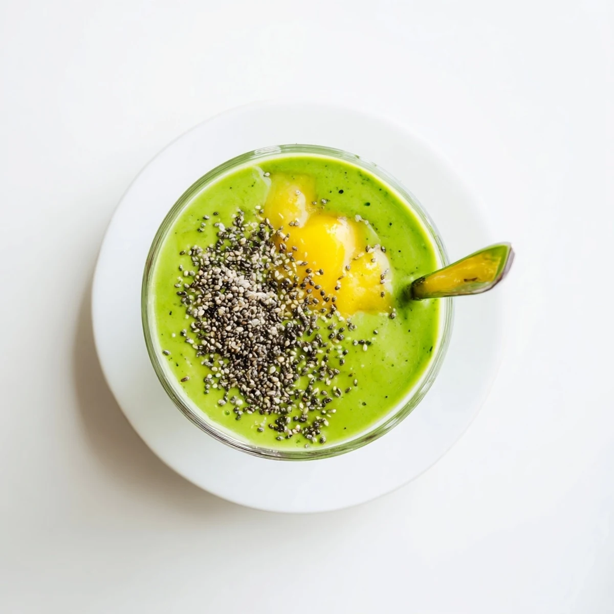 Overhead view of a creamy spinach-hidden smoothie with banana, mango, and pineapple chunks, ready to sip for breakfast.