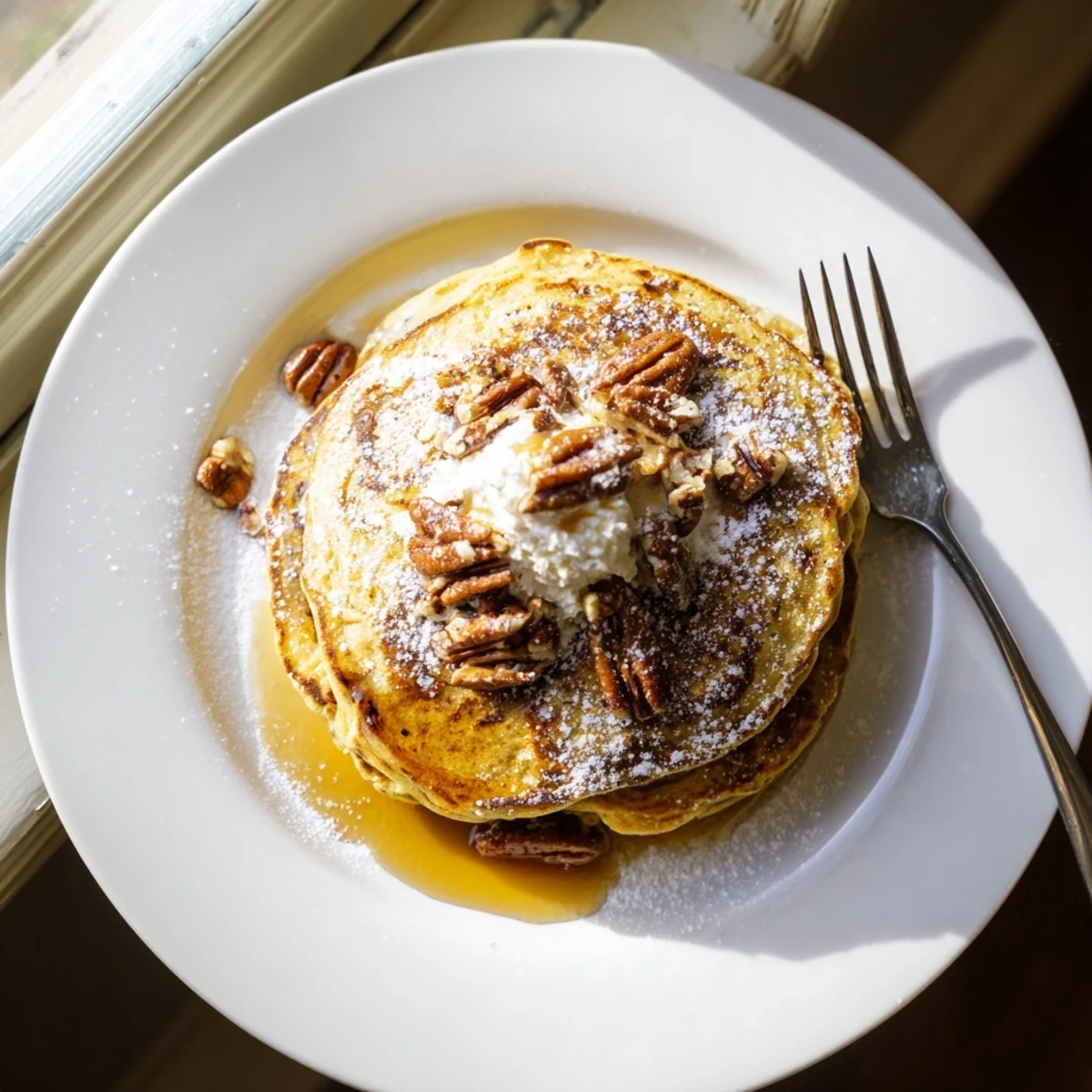 A close-up view of fluffy Pumpkin Spice Pancakes, dusted with powdered sugar and surrounded by warm spices like cinnamon and nutmeg.  