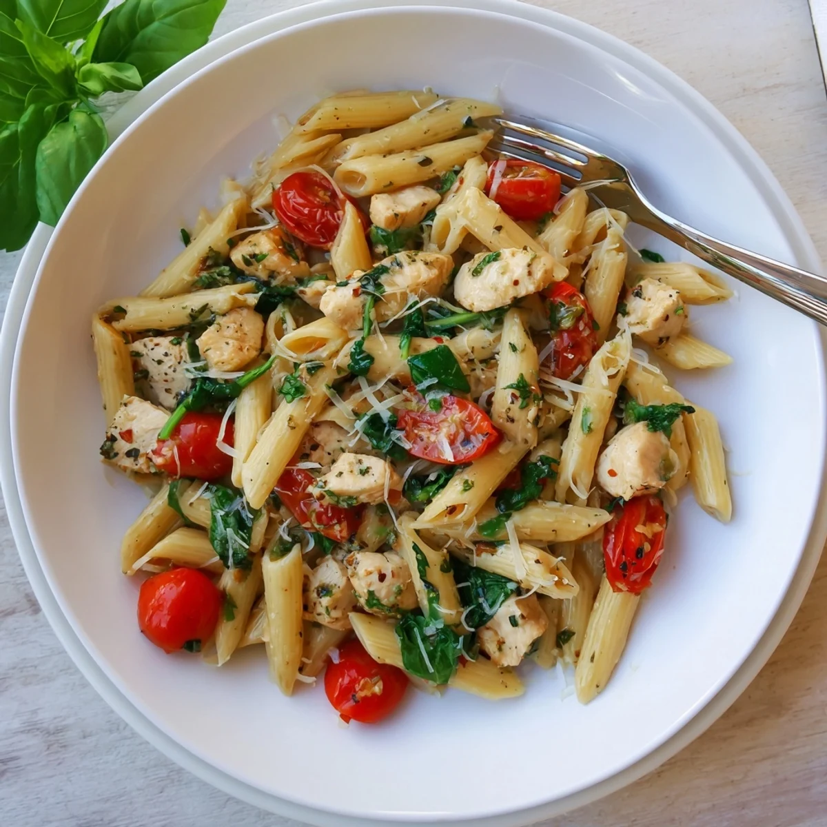 Golden-brown chicken pieces and al dente penne pasta simmer in a bright lemon herb sauce with cherry tomatoes and spinach in a single skillet.