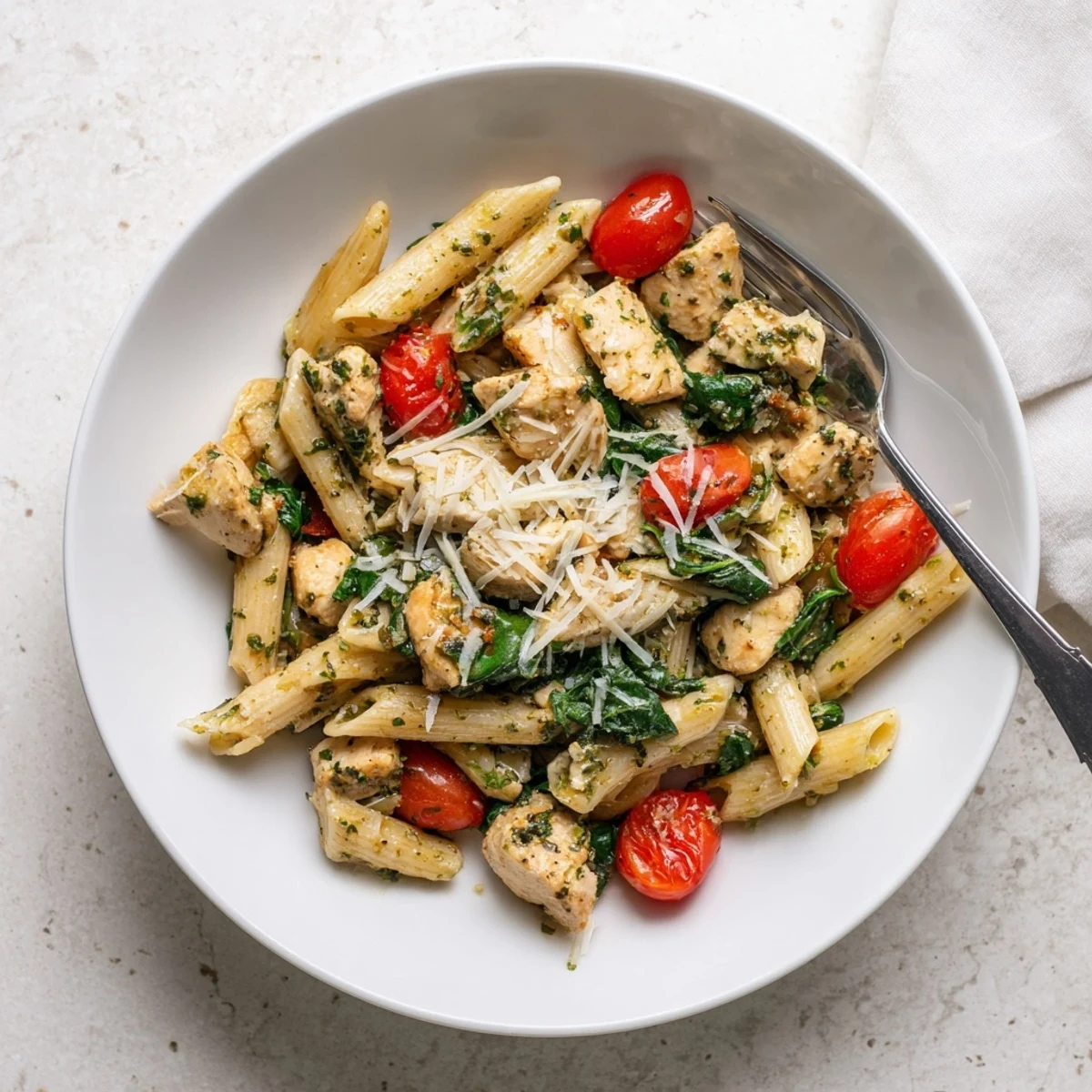 Tender chicken and pasta coated in a fragrant lemon herb sauce, featuring wilted spinach and halved cherry tomatoes in a rustic serving dish.