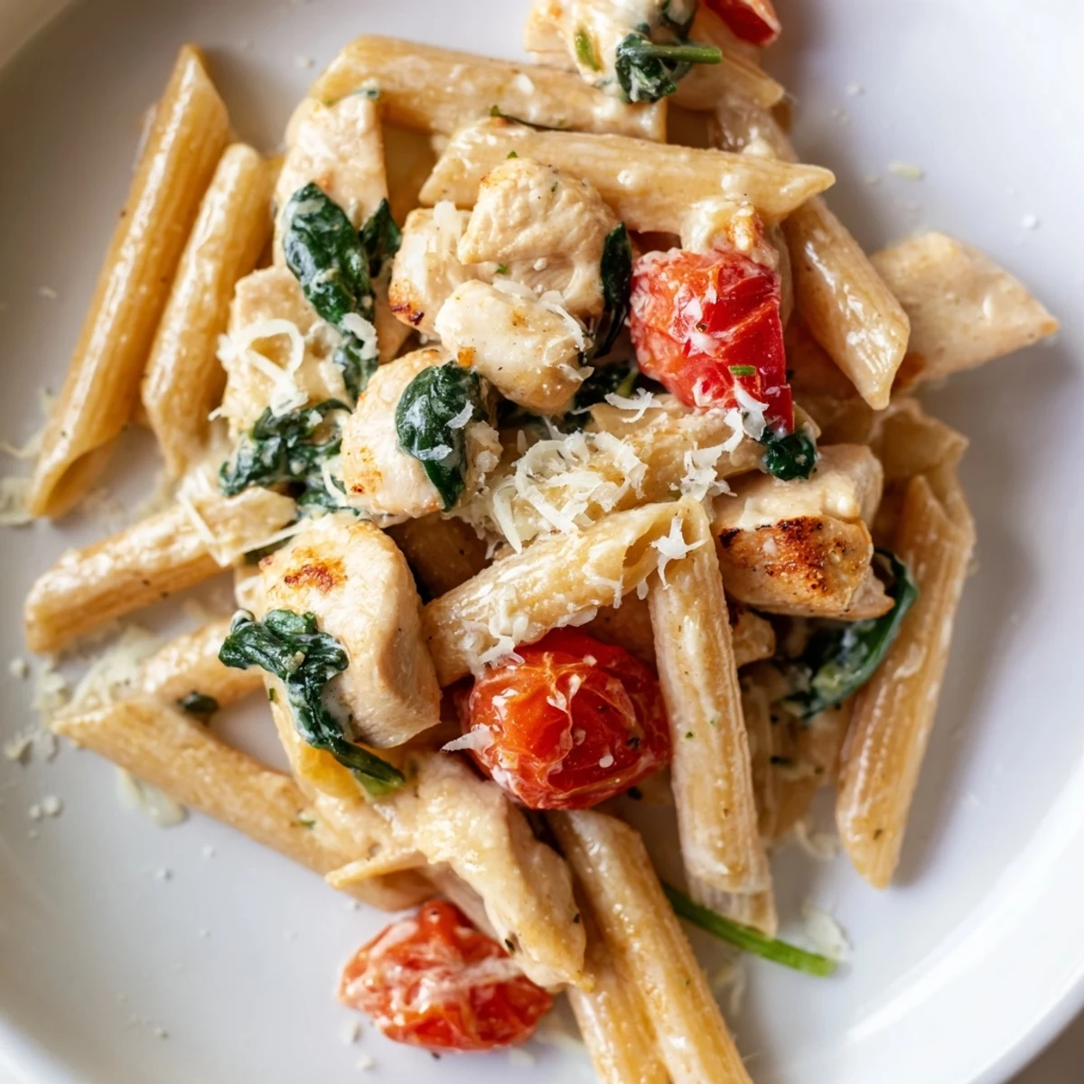 A close-up view of creamy Greek Yogurt Chicken Pasta in a white bowl, featuring tender chicken, whole wheat penne, and vibrant cherry tomatoes and spinach.