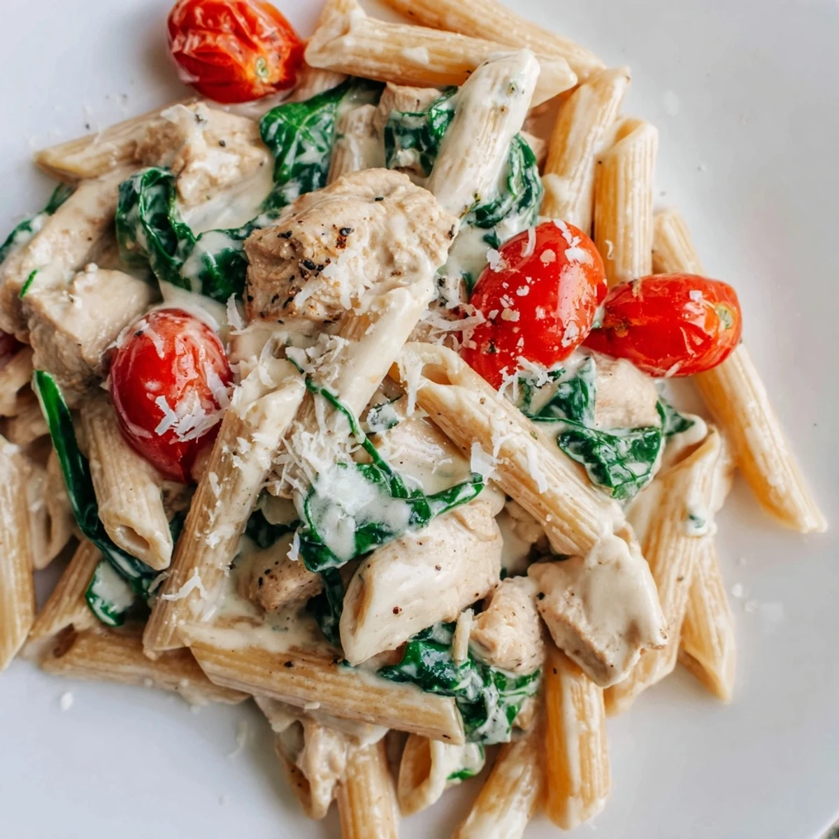 A skillet of warm Greek Yogurt Chicken Pasta with golden chicken pieces, wilted spinach, and halved cherry tomatoes, ready to serve.