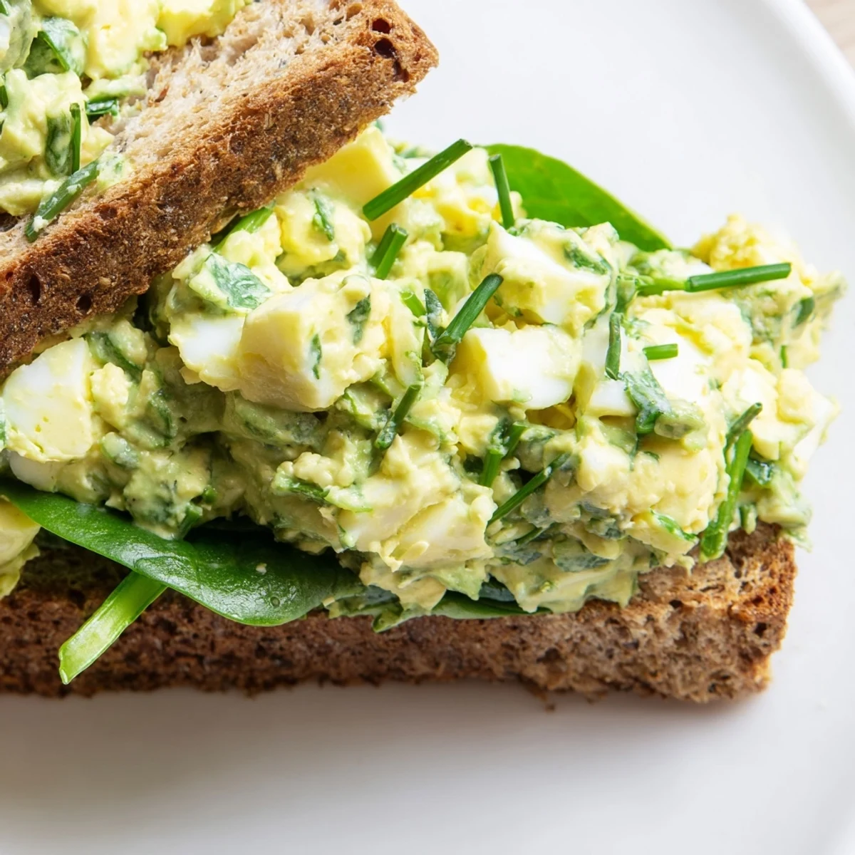 Freshly made Avocado Egg Salad Sandwich served on whole grain bread, layered with crisp spinach and ripe tomato slices.