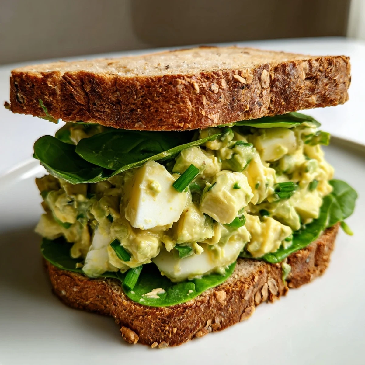A close-up of Avocado Egg Salad Sandwich shows chunky egg salad packed with mashed avocado and fresh chives.