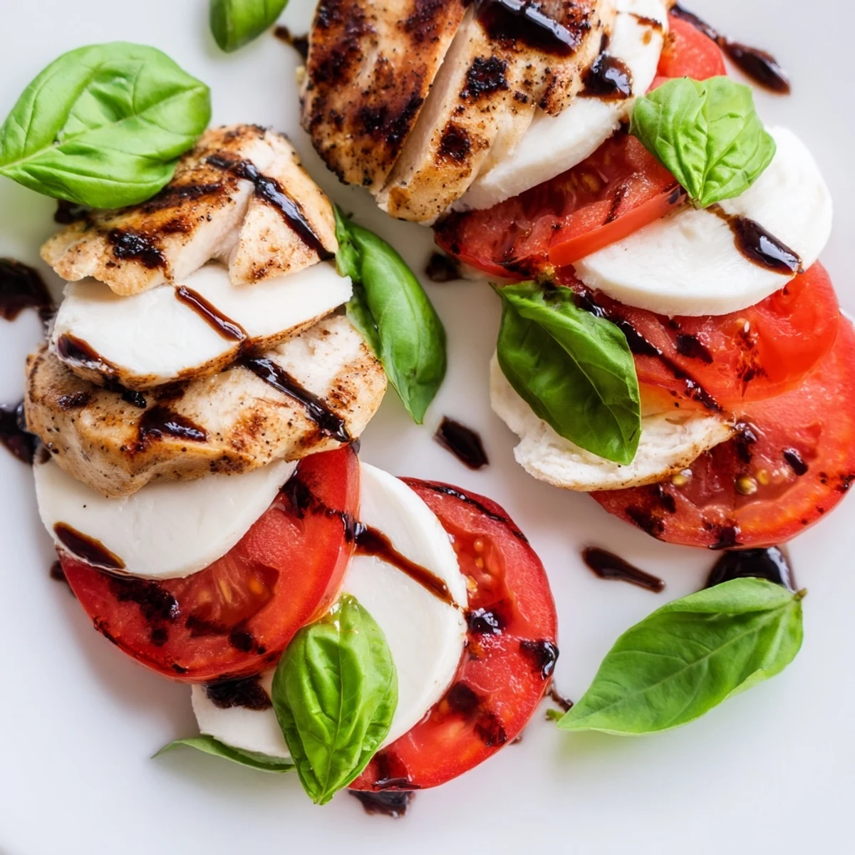 Grilled chicken slices top ripe tomatoes and creamy mozzarella on a vibrant Chicken Caprese Salad, drizzled with tangy balsamic glaze.