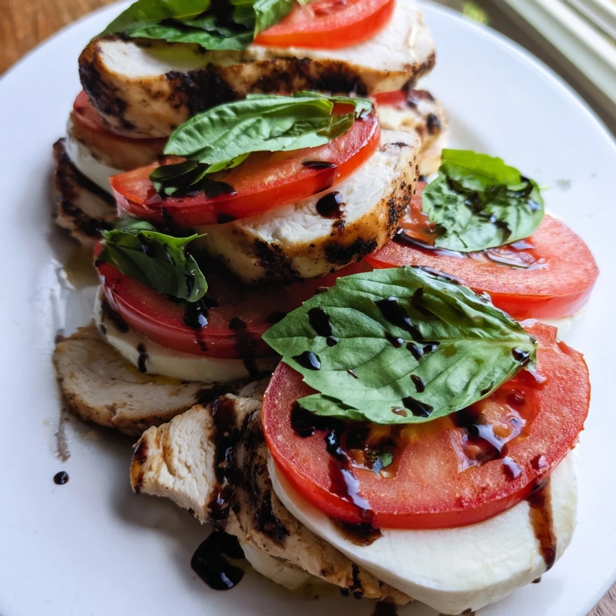 Juicy grilled chicken, fresh basil, and sliced tomatoes create a colorful and appetizing Chicken Caprese Salad, perfect for a light lunch.