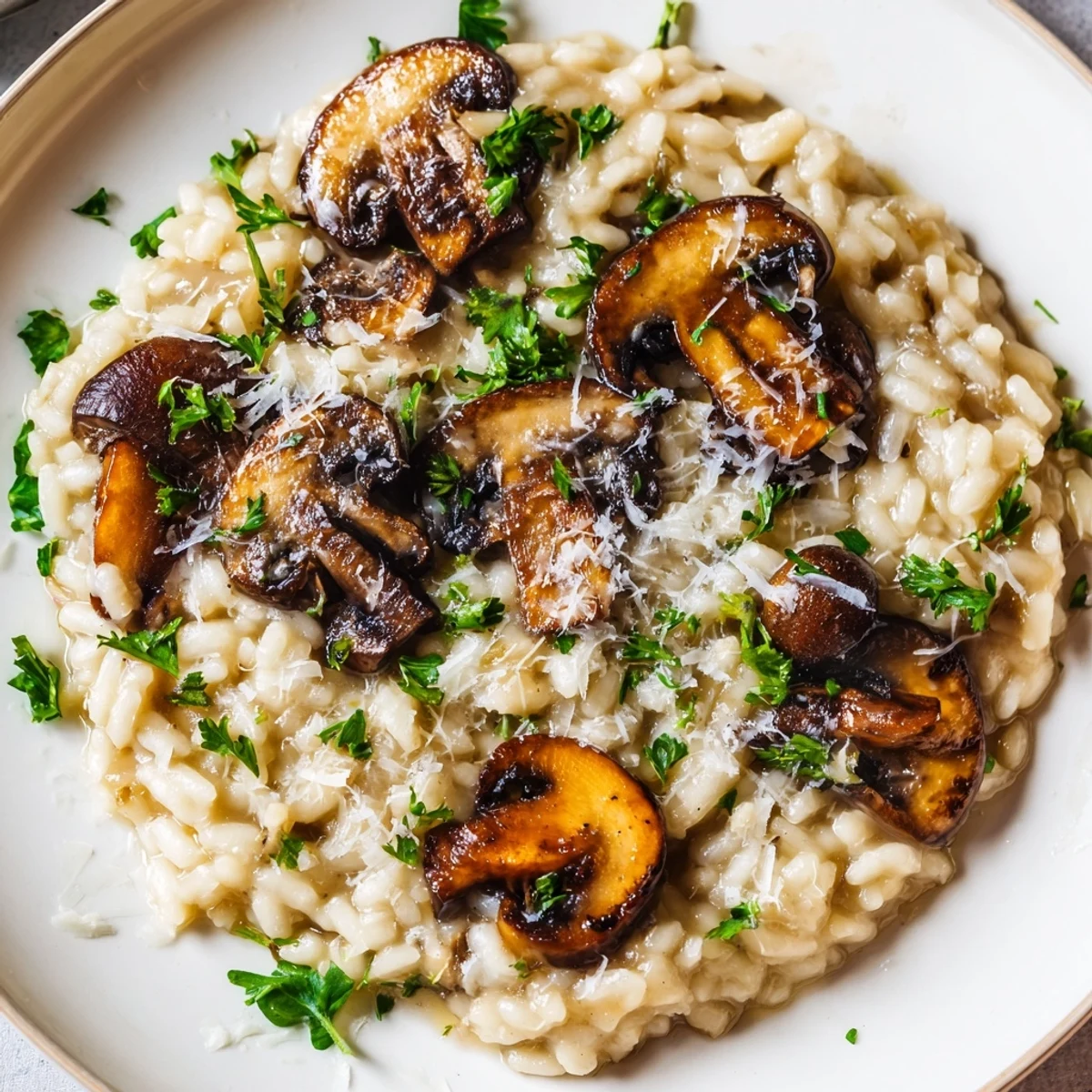 Golden roasted mushrooms and creamy arborio rice in a savory Parmesan risotto garnished with fresh parsley.