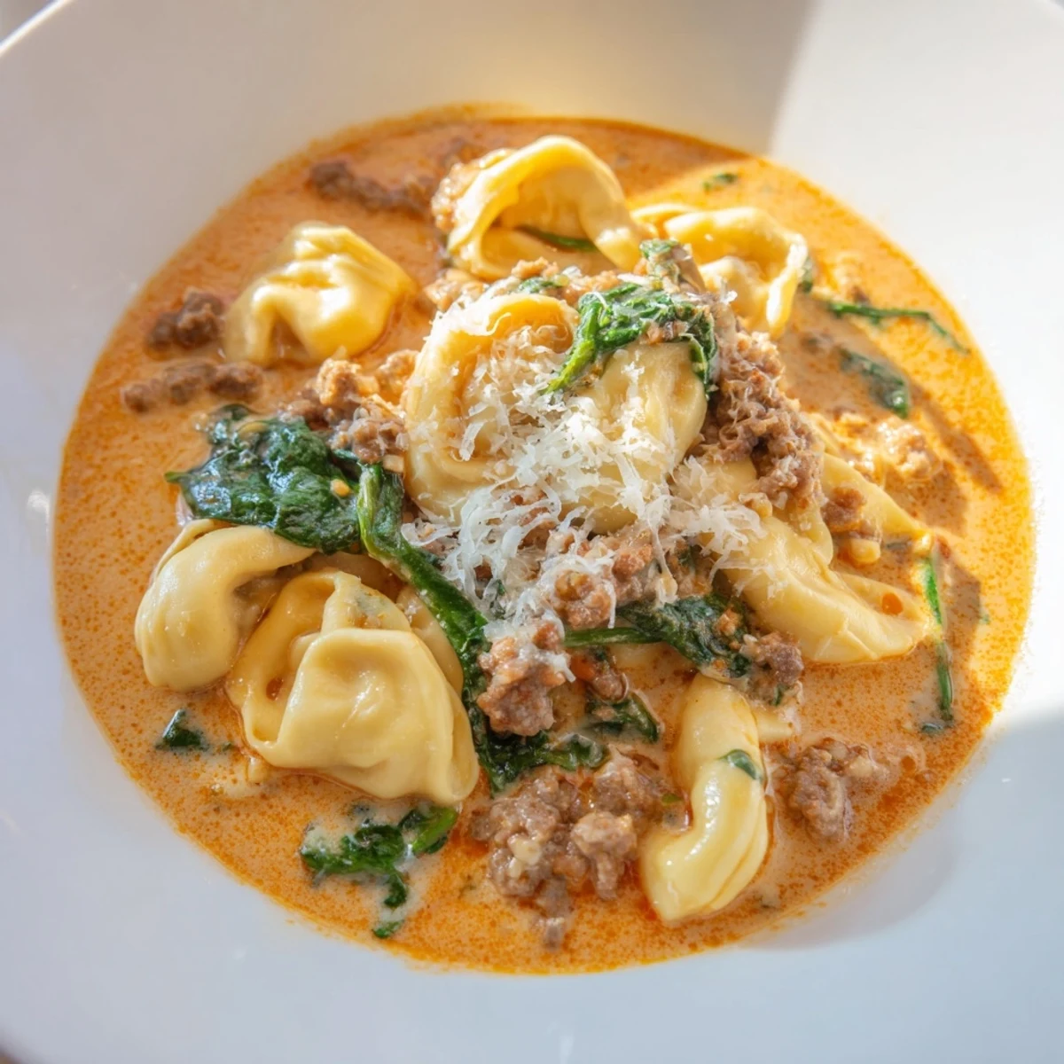 A steaming bowl of Tuscan Tortellini Soup with Italian sausage and spinach in creamy tomato broth, garnished with Parmesan.