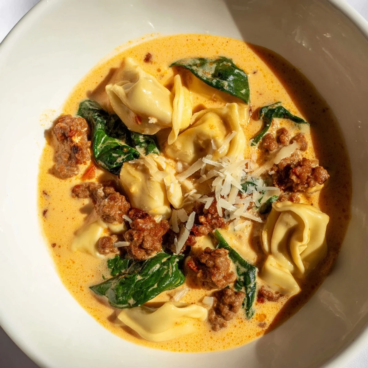 Hearty Tuscan Tortellini Soup in a rustic white bowl, with melted Parmesan and fresh basil on top, ready to serve.