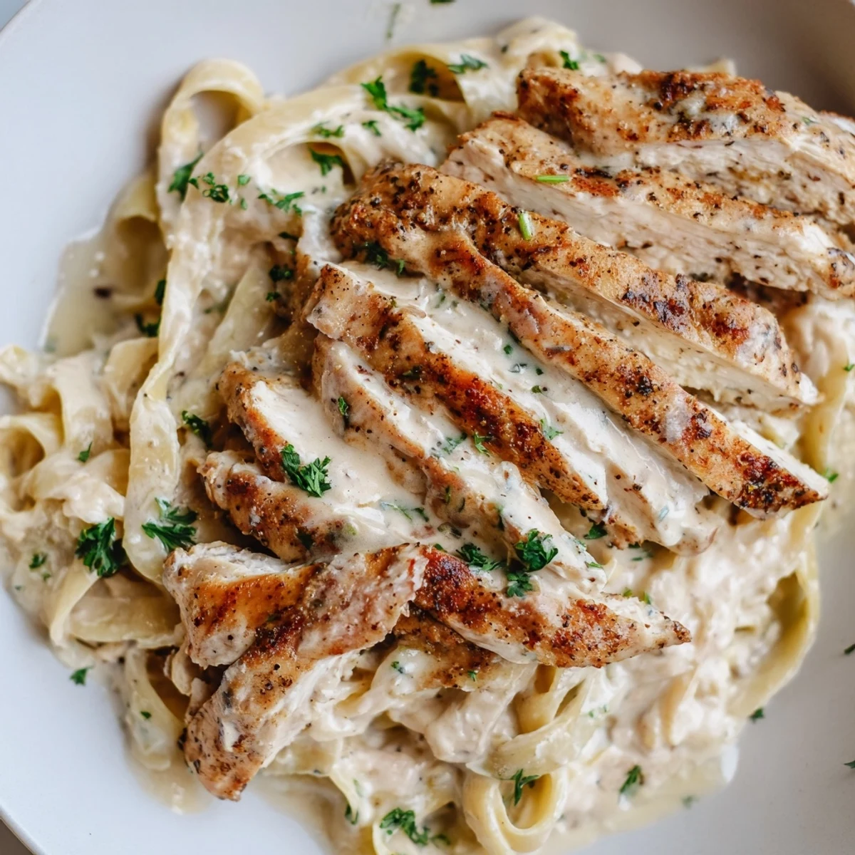 Served hot, this Cajun Chicken Alfredo features steamy pasta, extra Parmesan, and a sprinkle of red pepper flakes.