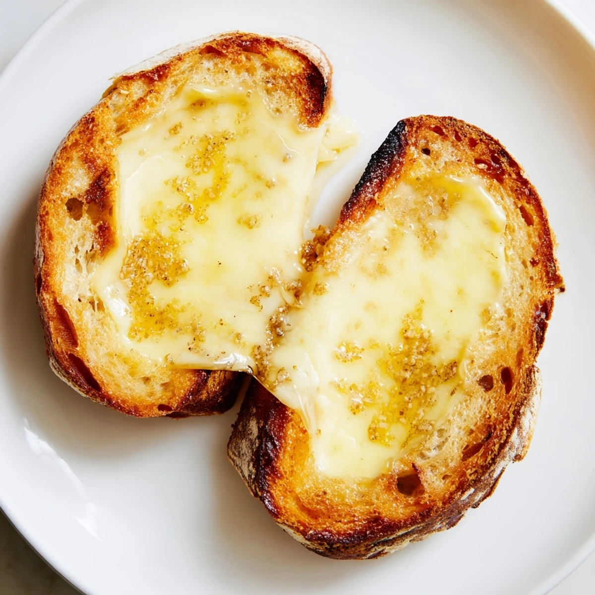 A close-up of a Truffle Grilled Cheese, showcasing the rich, melted Gruyère and buttery, crunchy bread texture.  