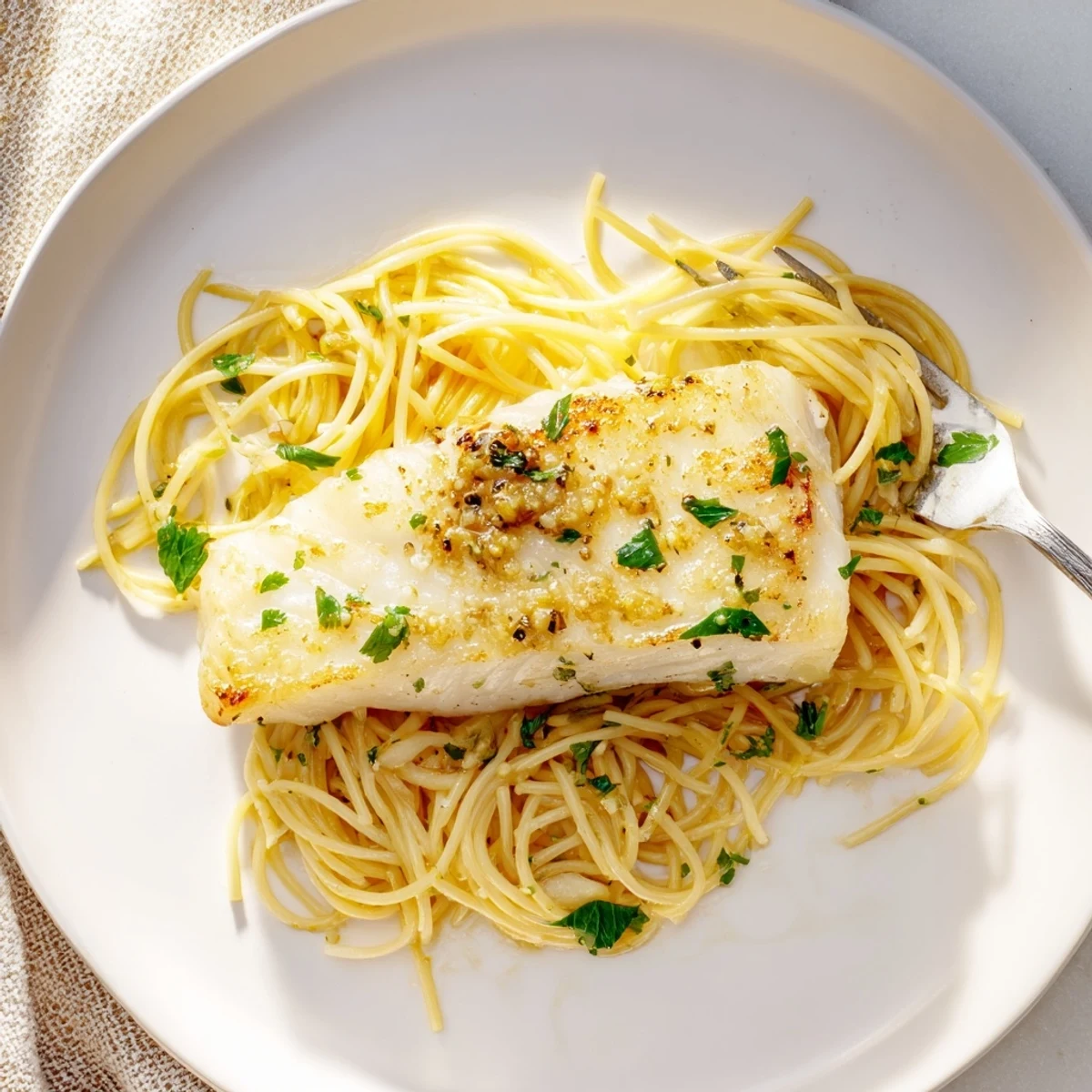 Golden grilled sea bass fillets rest atop a vibrant plate of lemon-butter spaghetti, garnished with fresh parsley and lemon wedges.
