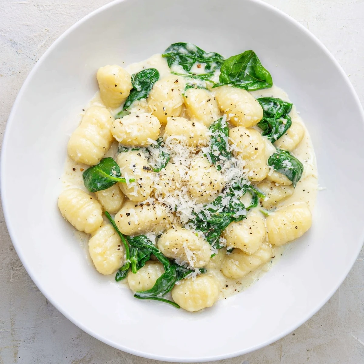 Creamy Garlic Gnocchi with tender potato gnocchi coated in a rich, glossy garlic cream sauce, garnished with wilted spinach and fresh Parmesan.  