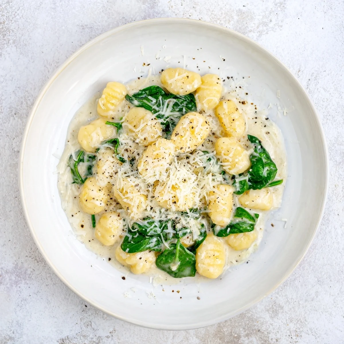 A steaming skillet of Creamy Garlic Gnocchi, featuring soft dumplings and vibrant green spinach leaves swimming in a luxurious white sauce.