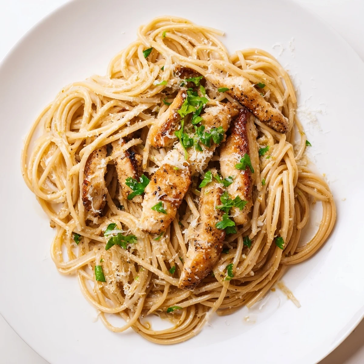 Golden brown butter and lemon sauce coats tender seared chicken and spaghetti in this Brown Butter Lemon Chicken Pasta.