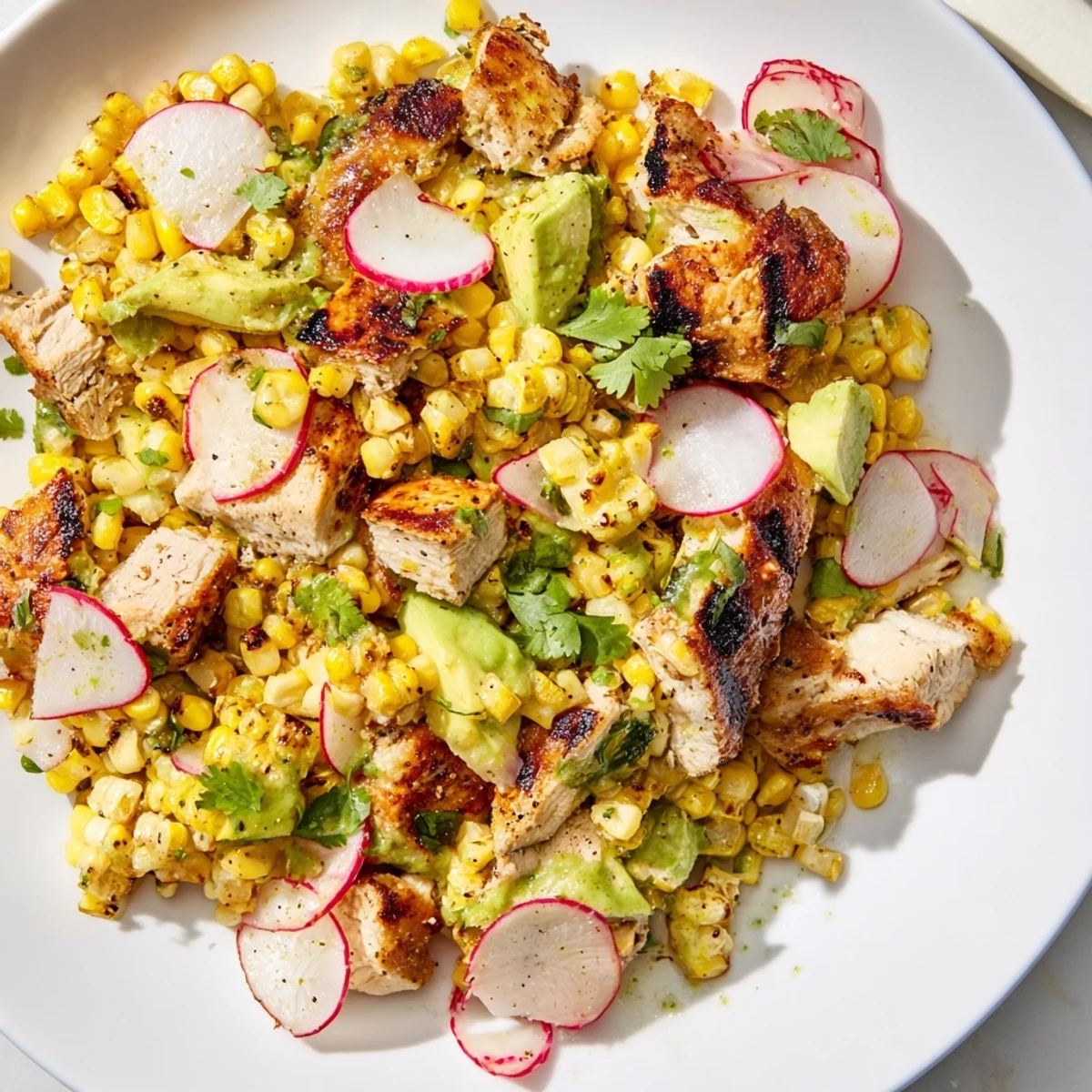Freshly grilled chicken and charred corn mingle with creamy avocado and crisp radishes in this vibrant Roasted Corn & Chicken Chopped Salad, finished with zesty lime dressing.