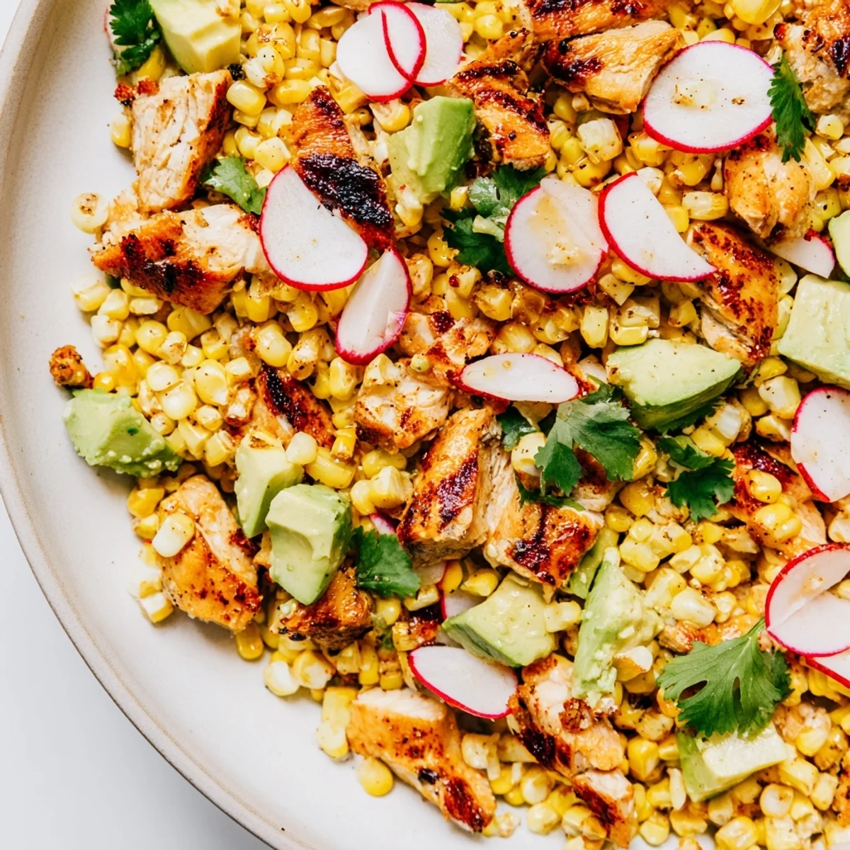A generous bowl of Roasted Corn & Chicken Chopped Salad features juicy grilled chicken, smoky corn, and fresh vegetables tossed in a bright lime vinaigrette.