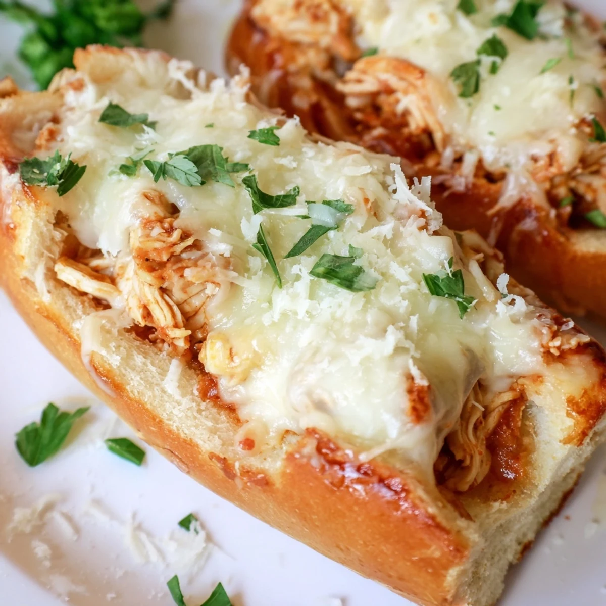 Freshly baked Chicken Parm Stuffed Garlic Bread boats with melted mozzarella and marinara, served hot and golden.