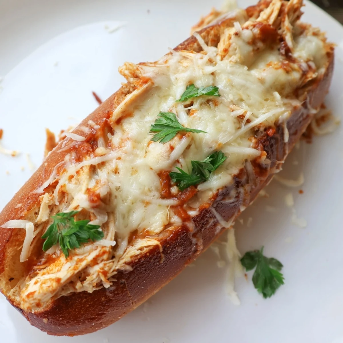 Slice of Chicken Parm Stuffed Garlic Bread revealing tender chicken and marinara inside, with gooey, bubbly cheese topping.