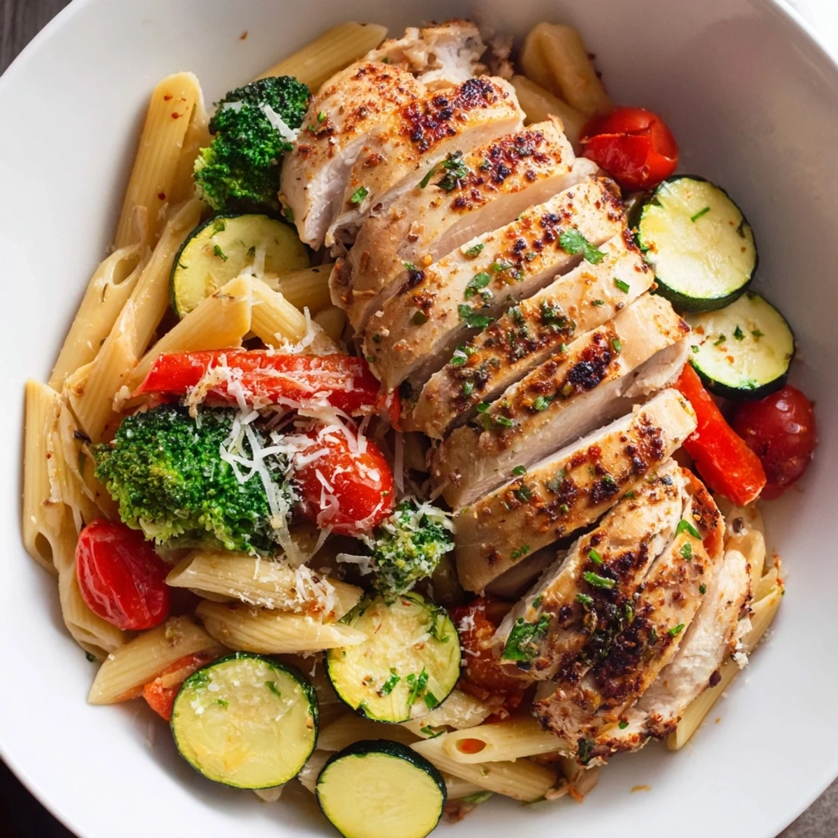 Golden roasted garlic herb chicken and colorful vegetables are tossed with al dente penne in a light, aromatic sauce, served hot.