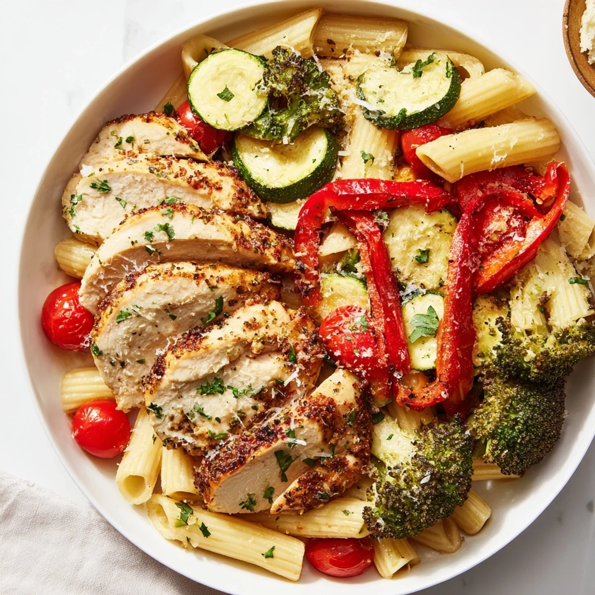 A close-up view of a savory garlic herb chicken pasta dish featuring penne, cherry tomatoes, zucchini, and a sprinkle of Parmesan.