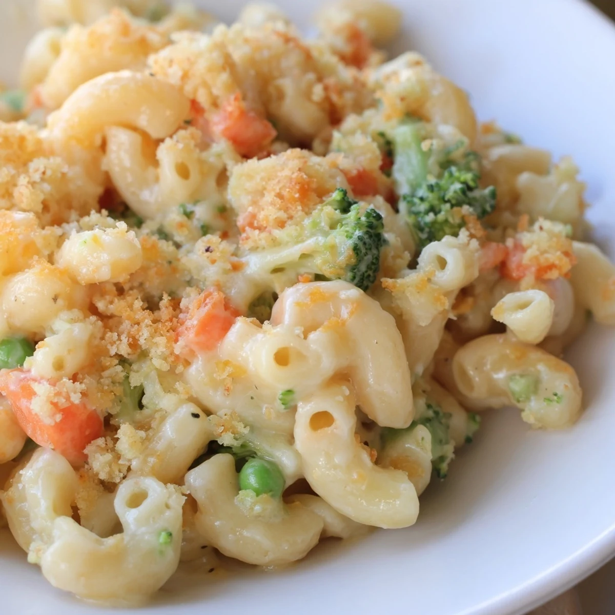 Golden-brown Garden Veg Mac and Cheese bubbling from the oven, with colorful peas, broccoli, and carrots mixed into creamy cheddar sauce.