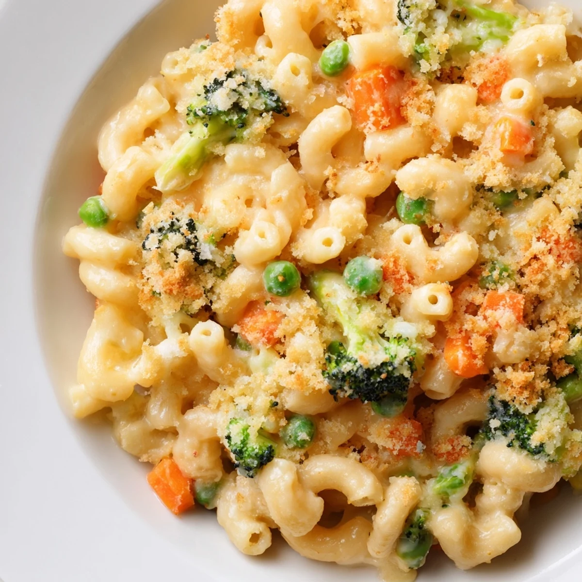 A close-up of Garden Veg Mac and Cheese in a baking dish, topped with toasted panko and served alongside a fresh green salad.