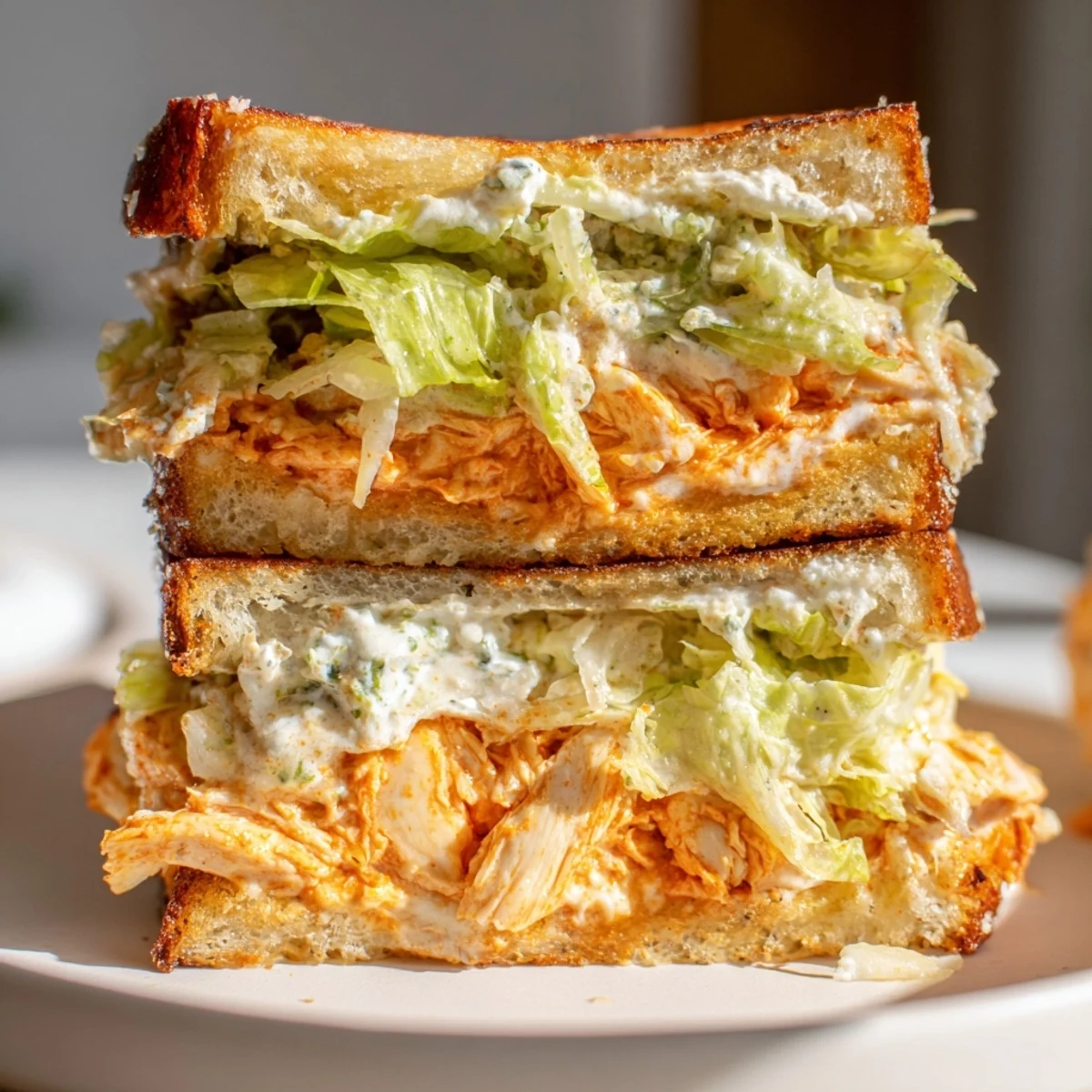 Sizzling Buffalo Chicken Caesar Grilled Cheese sandwiches on a skillet with melted cheese and crispy golden bread.  