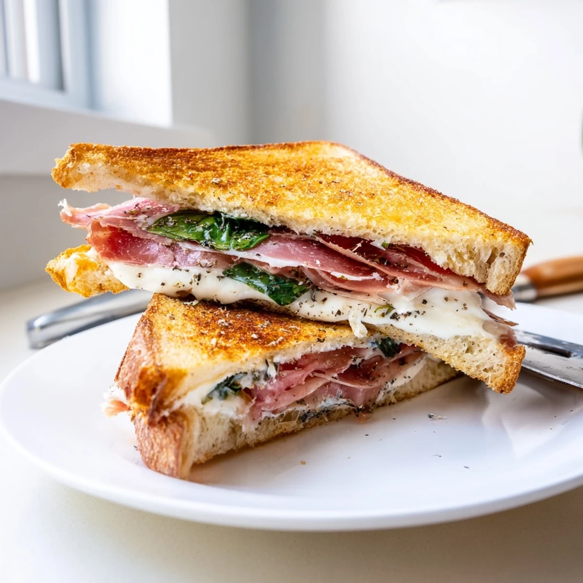 Crispy Prosciutto & Burrata Grilled Cheese sandwich stacked high on a white plate, showcasing golden toasted bread and melted cheese.