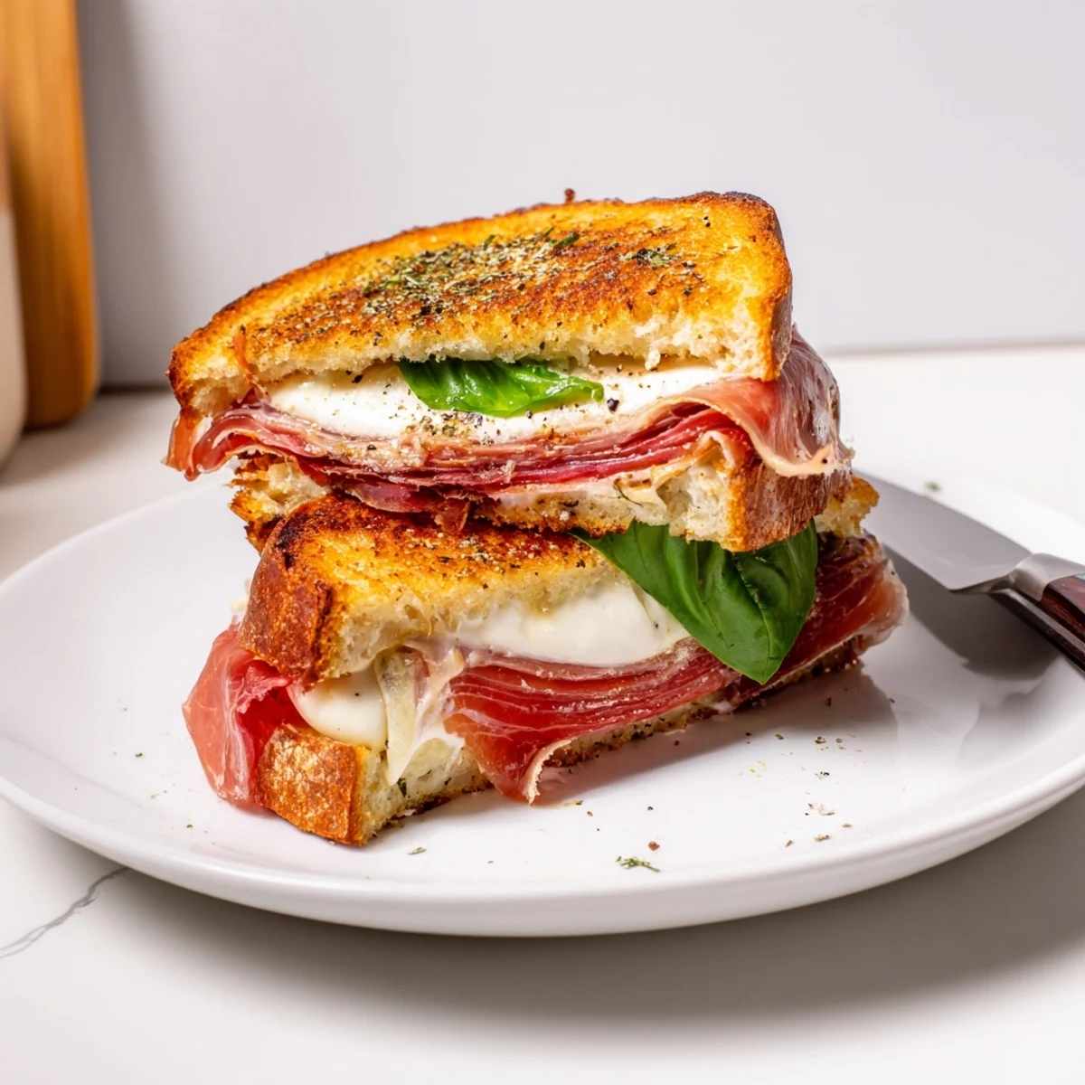 A close-up view of the Crispy Prosciutto & Burrata Grilled Cheese, highlighting the crispy cured ham and creamy burrata center.