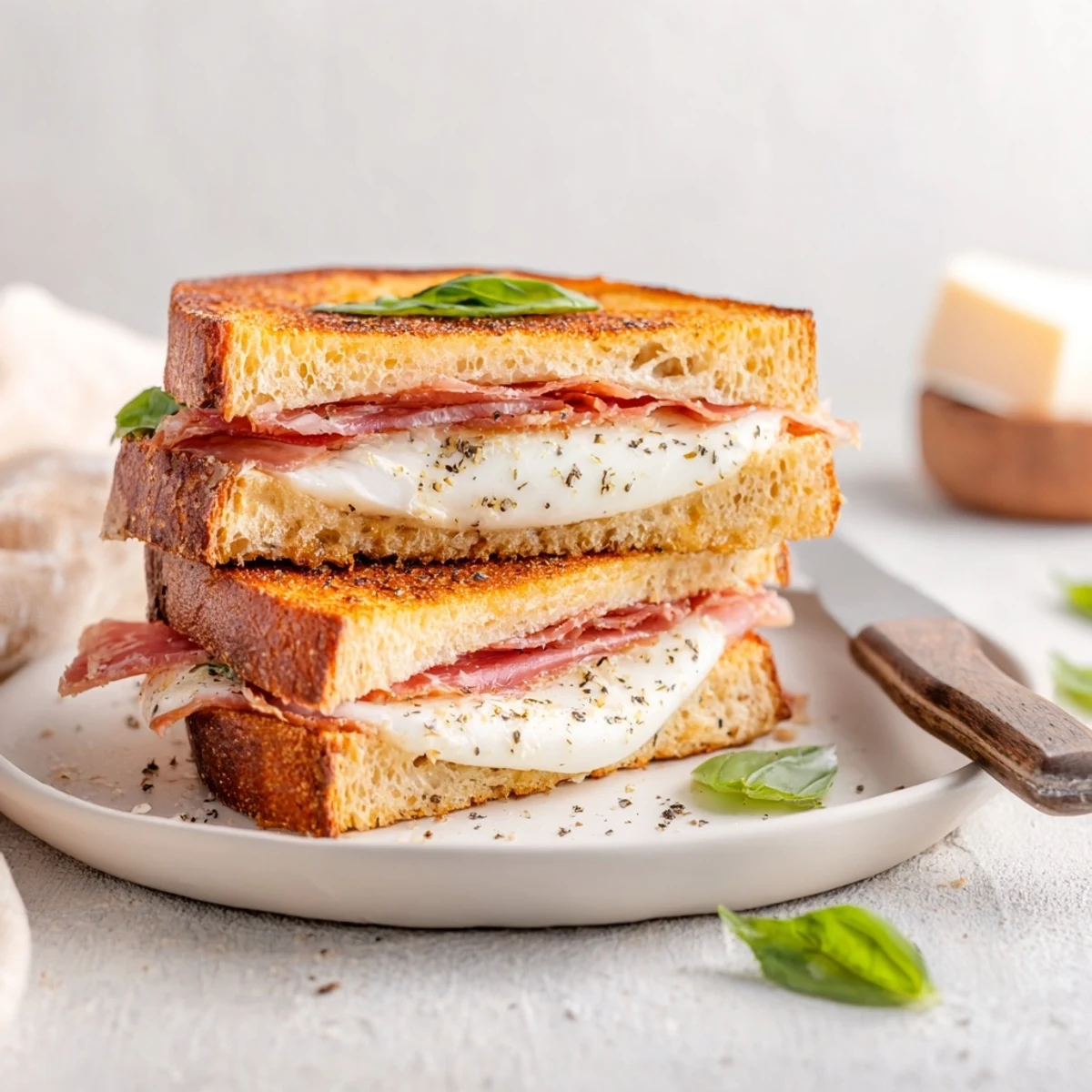 Two halves of Crispy Prosciutto & Burrata Grilled Cheese, revealing the gooey burrata pull and fresh basil leaves inside.