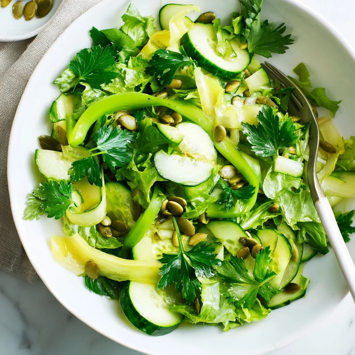 Brightly colored Glowing Green Salad served on a white plate, featuring sliced zucchini, fresh parsley, and a light dressing for a refreshing vegan side dish.  