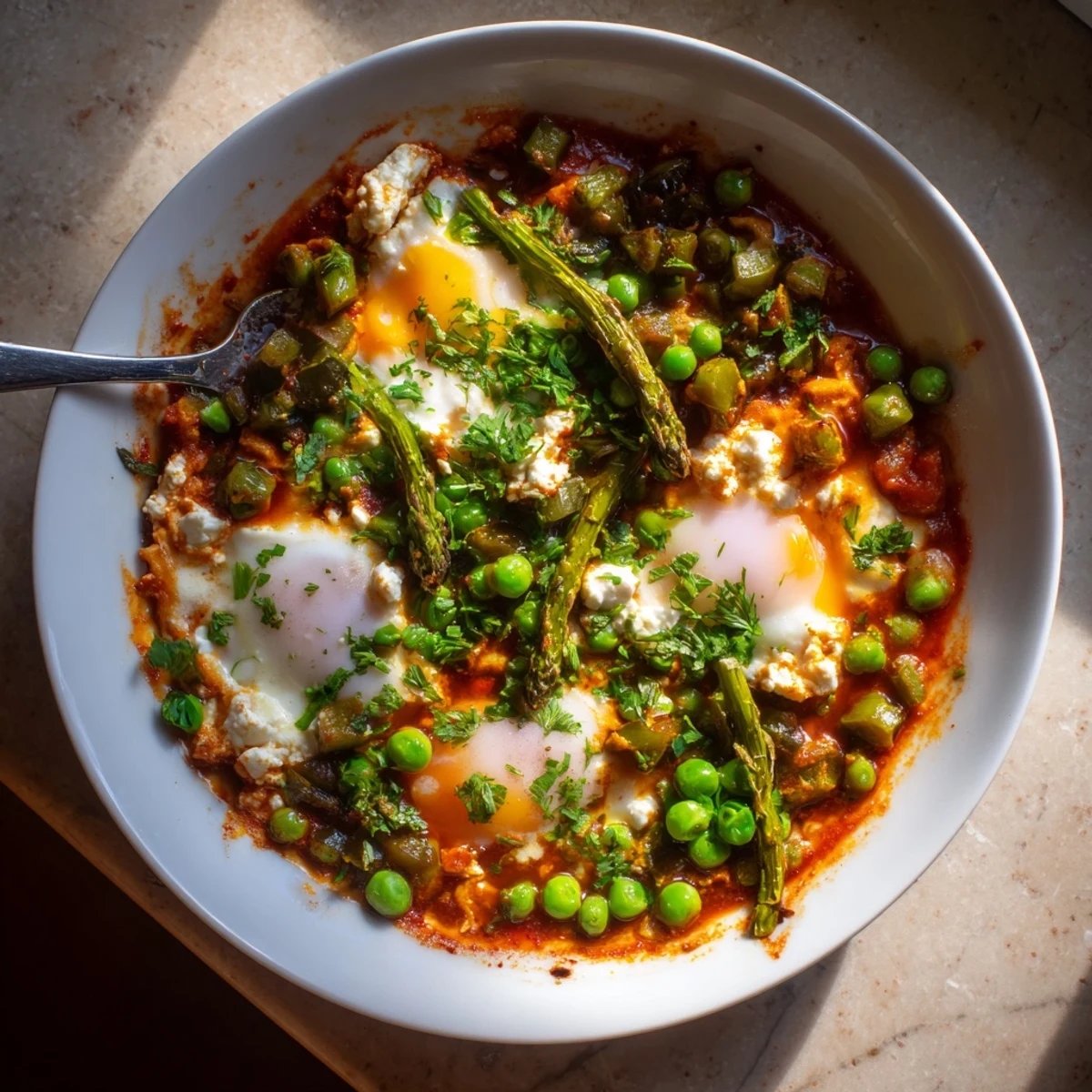 Steaming Pea and Broad Bean Shakshuka in a deep skillet, with runny eggs nestled in vibrant green vegetables and tomato sauce.