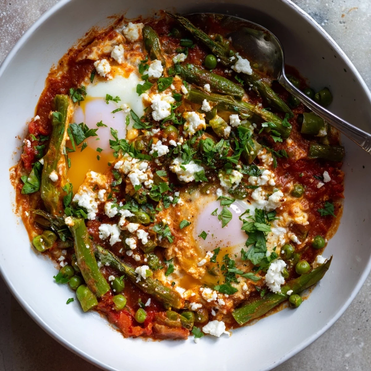 A close look at Pea and Broad Bean Shakshuka, showcasing asparagus, poached eggs, and crusty bread ready for a satisfying main course.