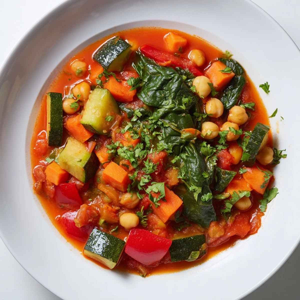 A hearty bowl of Spicy Chickpea Stew garnished with fresh cilantro, served alongside a wedge of lemon and crusty bread.