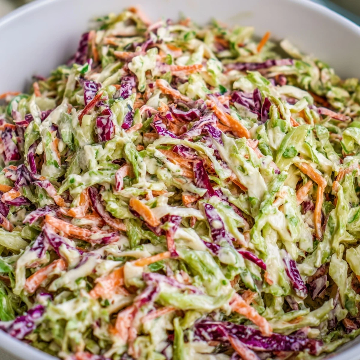 Freshly shredded green and red cabbage tossed with grated carrots in a creamy dressing, served chilled in a white bowl.  