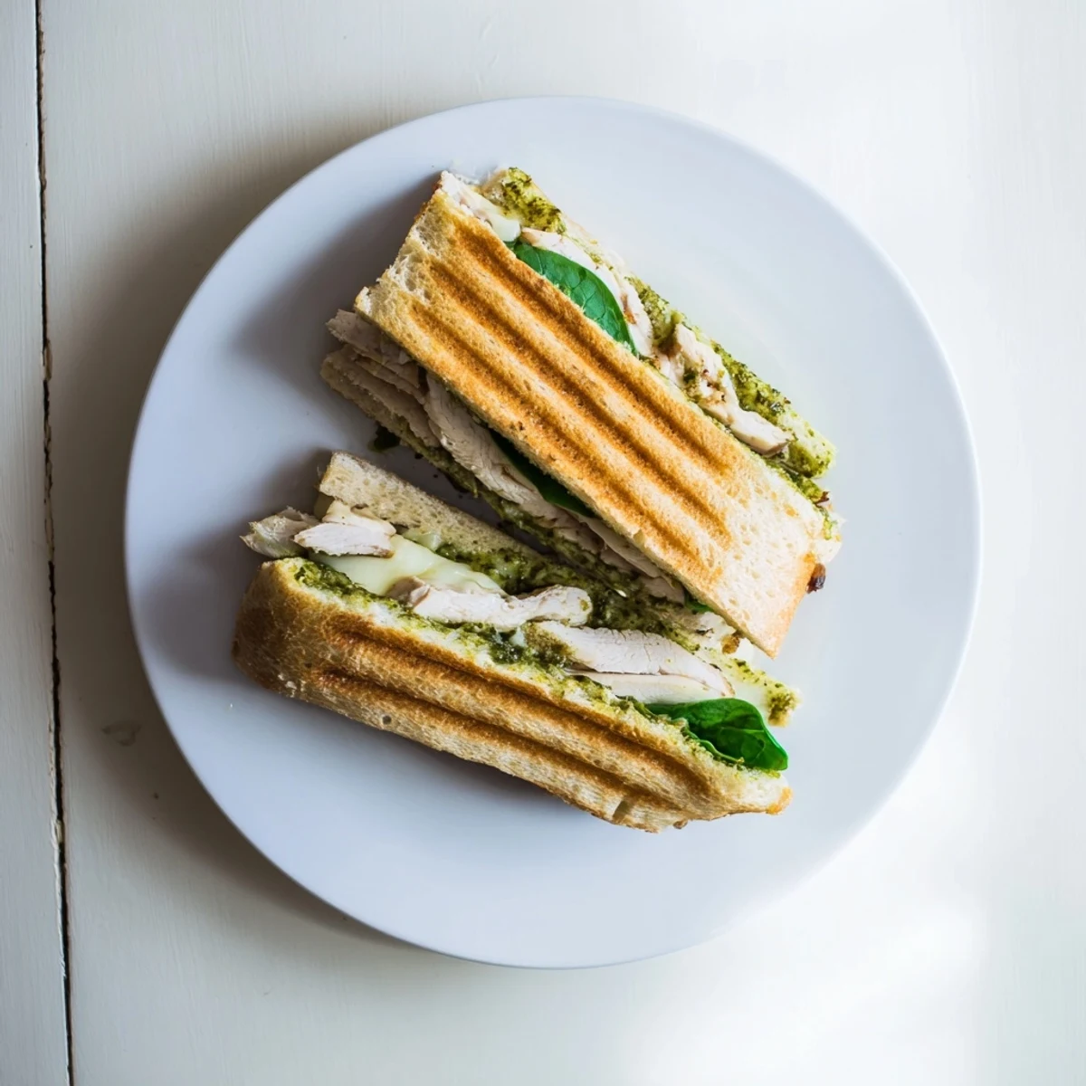 Golden-brown Chicken Pesto Panini on a rustic cutting board, with melted mozzarella oozing from the warm ciabatta and fresh basil leaves beside it.