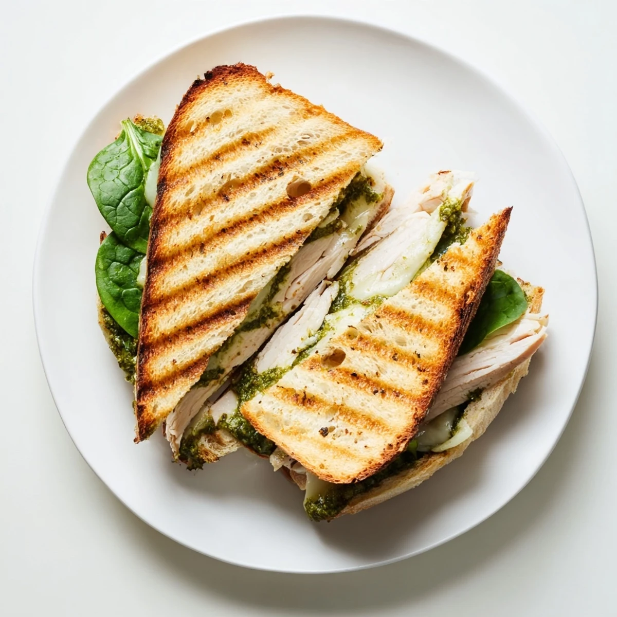 A close-up of a sliced Chicken Pesto Panini revealing layers of juicy grilled chicken, vibrant green pesto, and fresh tomato on ciabatta bread.