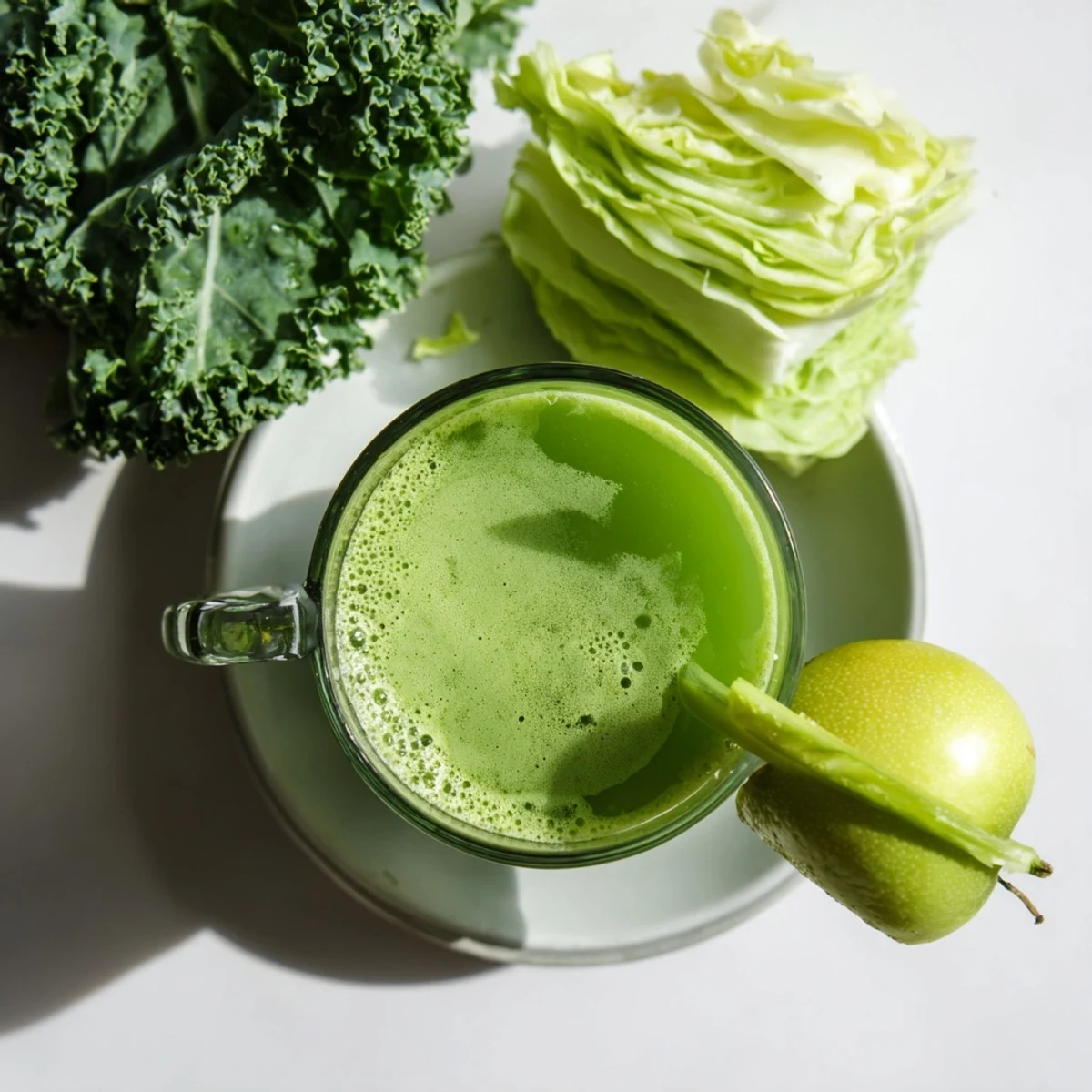 Freshly blended Cabbage and Kale Detox Juice in a tall glass, garnished with a lemon slice and vibrant green kale leaves, perfect for a healthy morning routine.  